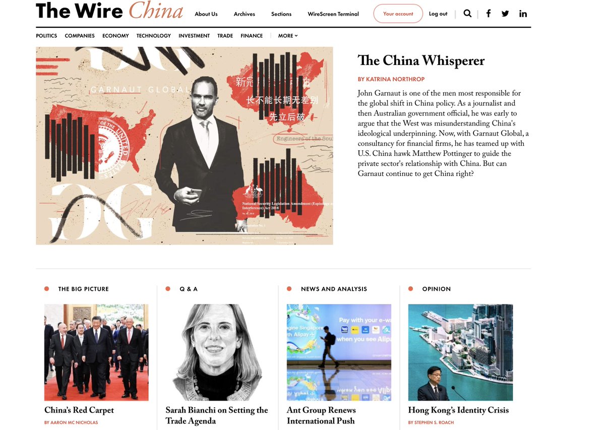 We are live with a new issue of @thewirechina: a superb cover profile of John Garnaut, the former journalist and now China Whisperer; a look at China's Red Carpet welcome for American CEOs, Ant Group, Steve Roach and a Q&A w/ Sarah Bianchi. thewirechina.com
