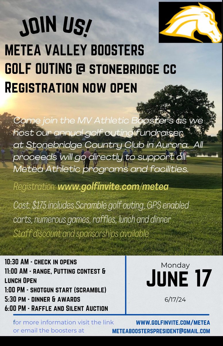 SPREAD THE WORD!! Our Boosters has done such a great job in past Golf Outings, expect another great outing. Gather your peeps, register and start practicing. @MeteaBoosters @meteavalley