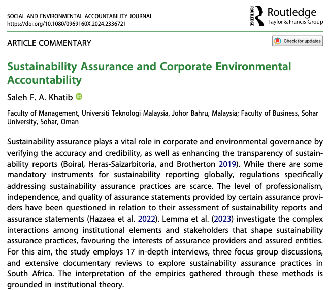 NEW! #SEAJ Article Commentary by Saleh F. A. Khatib (@utm_my @Soharuniv): Lemma, Negash, Lulseged, & Maroun. 2023. #Sustainability assurance and corporate #environmental #accountability. Business Strategy and the Environment @csearUK tandfonline.com/doi/full/10.10…