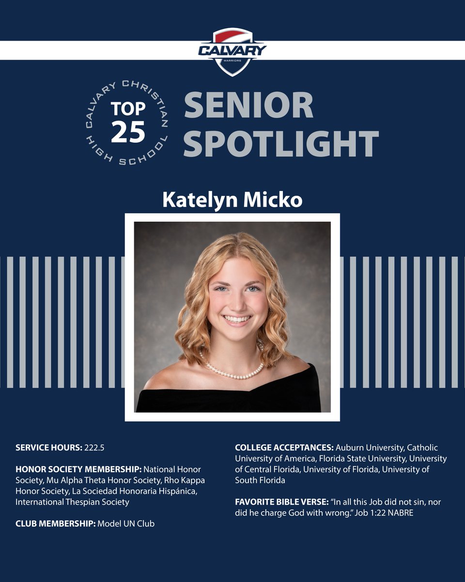 CCHS is pleased to introduce Katelyn Micko, a Top 25 student in the Class of 2024. Katelyn is the daughter of Brandon and Karen Micko. She came to CCHS from Academy of the Holy Names. Congratulations, Katelyn! We are proud of you. #WeAreWarriors