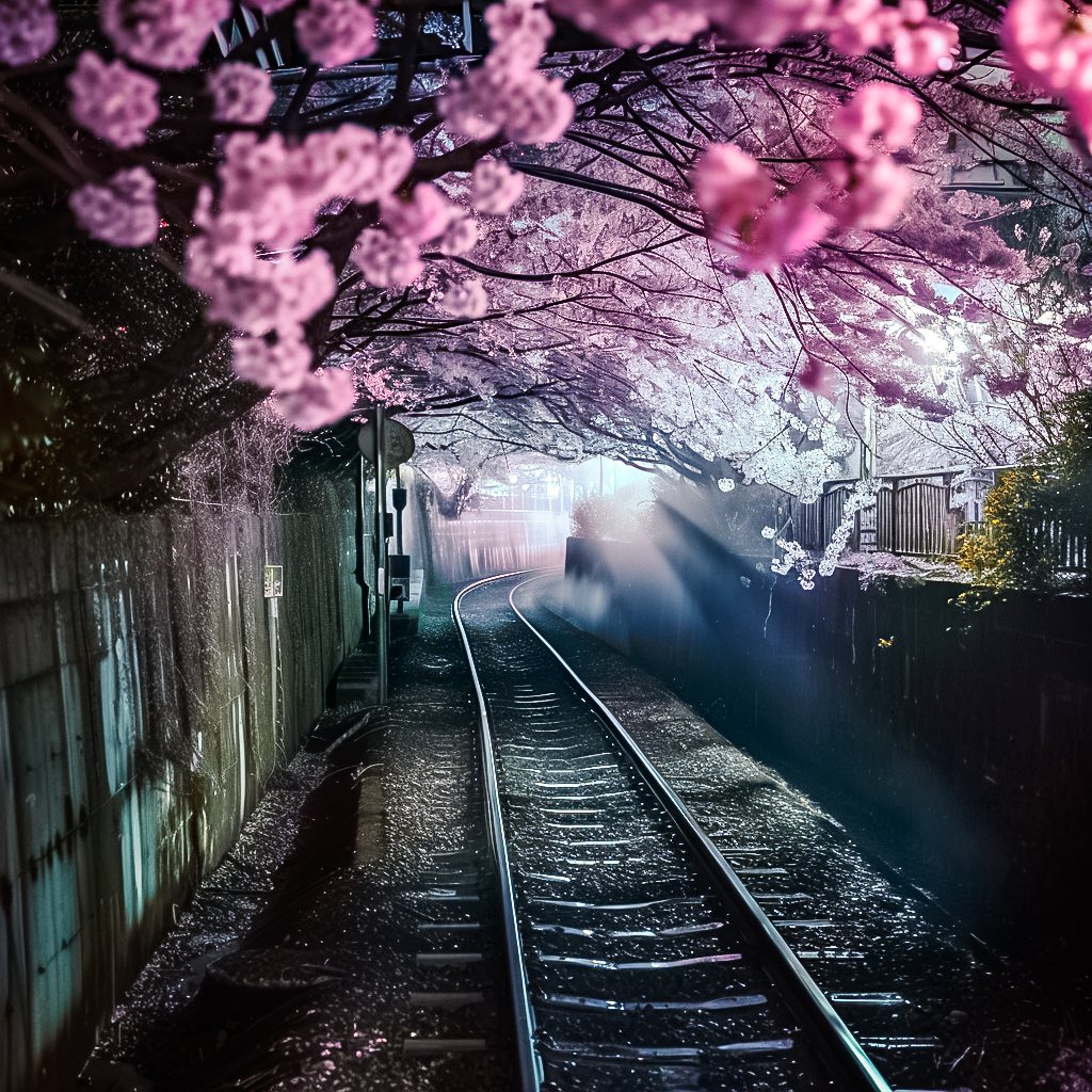線路上に咲く満開の桜