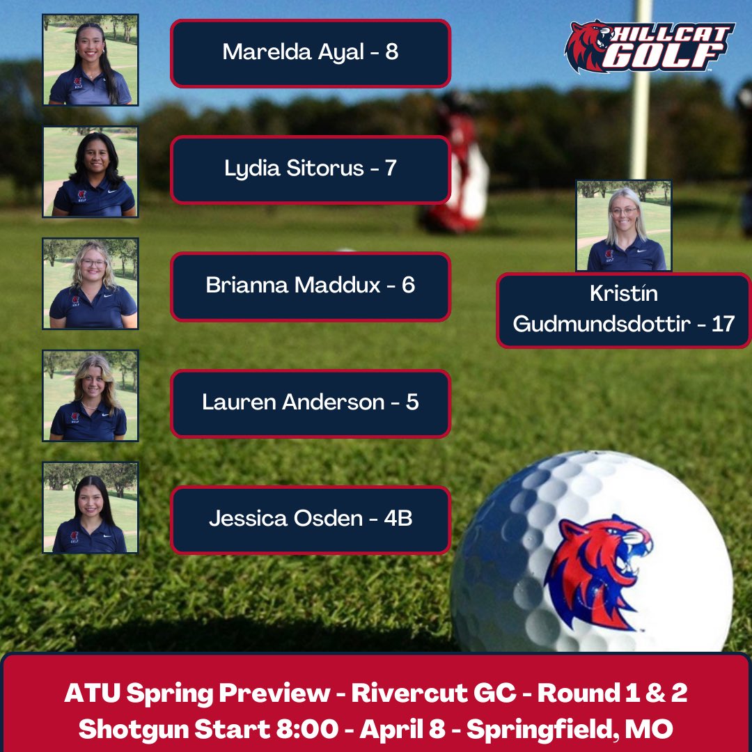 Our final regular season event gets underway tomorrow morning at 8am here in Springfield!! Arkansas Tech Spring Preview at Rivercut GC - Round 1&2. Keep up with us live on GolfStat ⛳️🙌🏽 Go Hillcats!! #makeitcount #feedtherightdawg