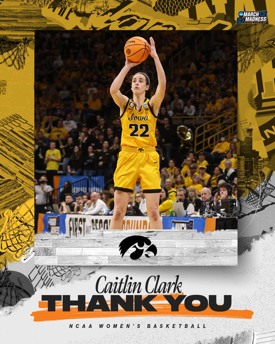 NCAA March Madness (@marchmadnesswbb) on Twitter photo From all of us, thank you <a href="/CaitlinClark22/">Caitlin Clark</a>
#MarchMadness x <a href="/IowaWBB/">Iowa Women's Basketball</a> From all of us, thank you <a href="/CaitlinClark22/">Caitlin Clark</a>
#MarchMadness x <a href="/IowaWBB/">Iowa Women's Basketball</a>