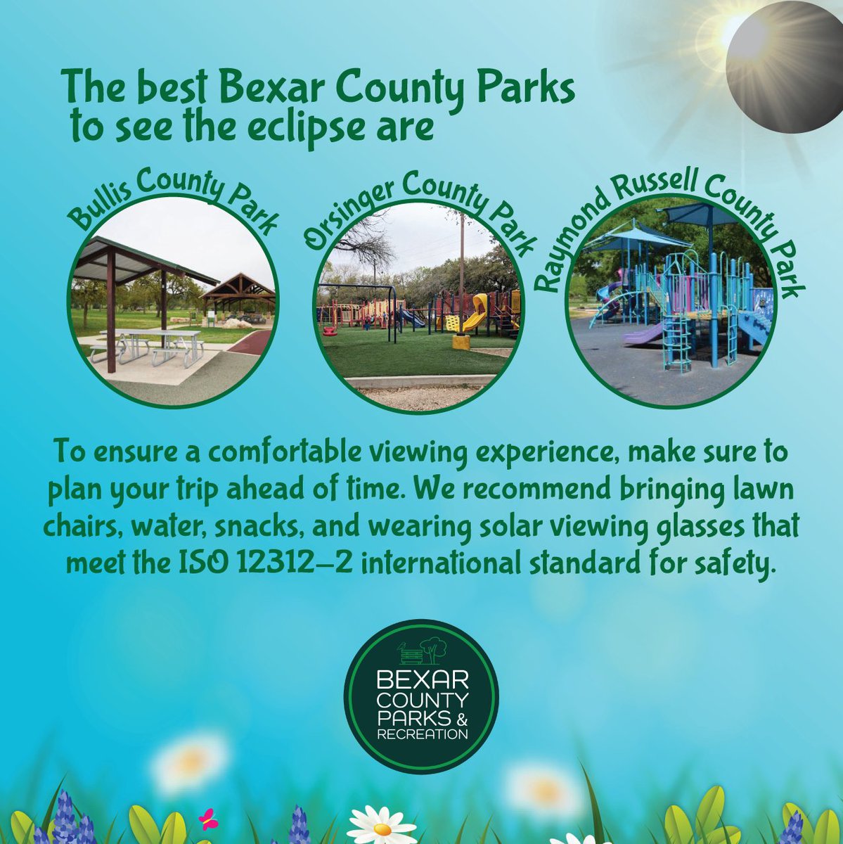 The best Bexar County Parks to see the eclipse are Bullis County Park, Orsinger County Park, and Raymond Russel County Park.🌑 To ensure a comfortable viewing experience, we recommend bringing lawn chairs, water, snacks, and sun protection glasses for safe eclipse observation.