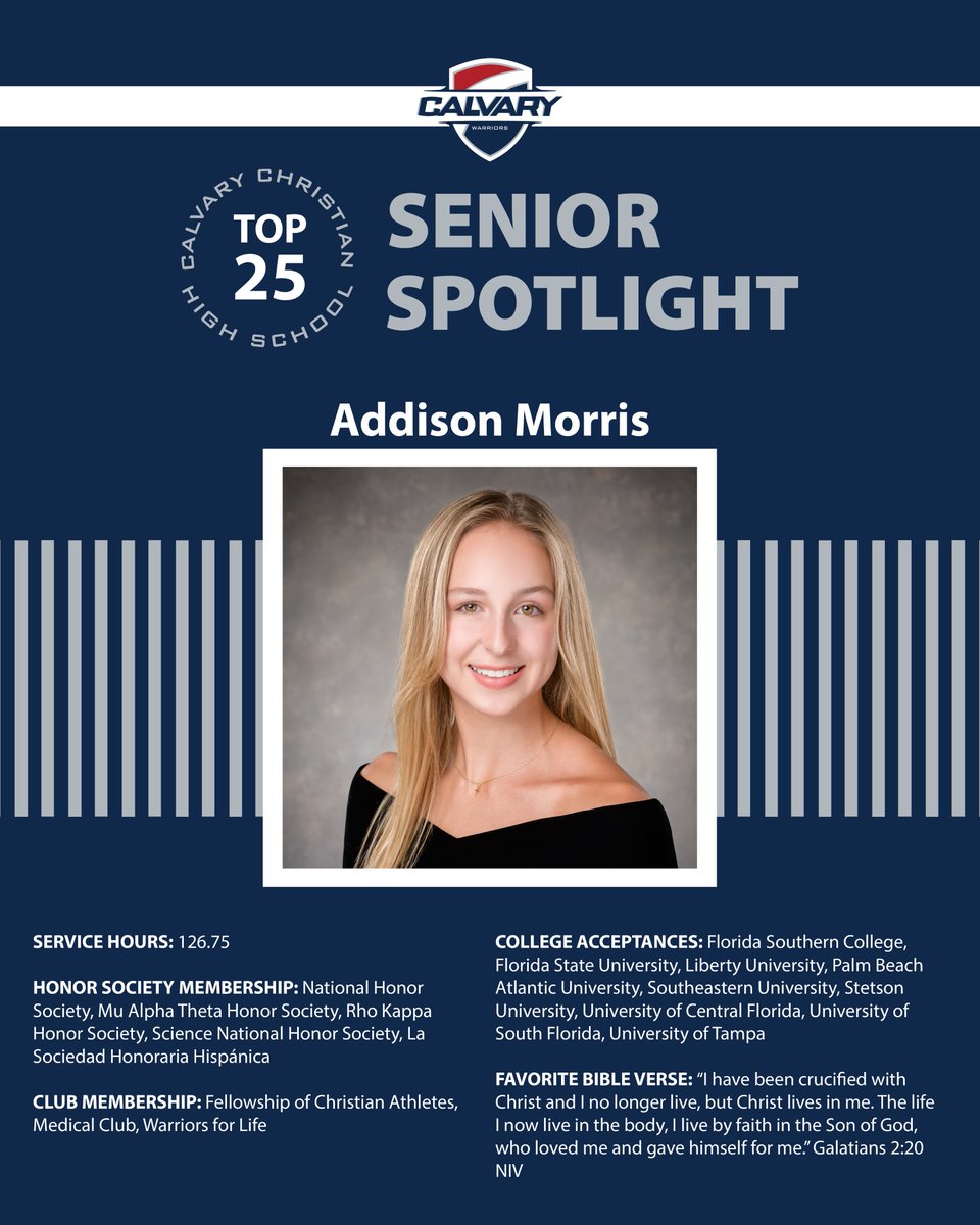 CCHS is pleased to introduce Addison Morris, a Top 25 student in the Class of 2024. Addison is the daughterof William and Megan Morris. She came to CCHS from Veritas Scholars Academy. Congratulations, Addison! We are proud of you. #WeAreWarriors