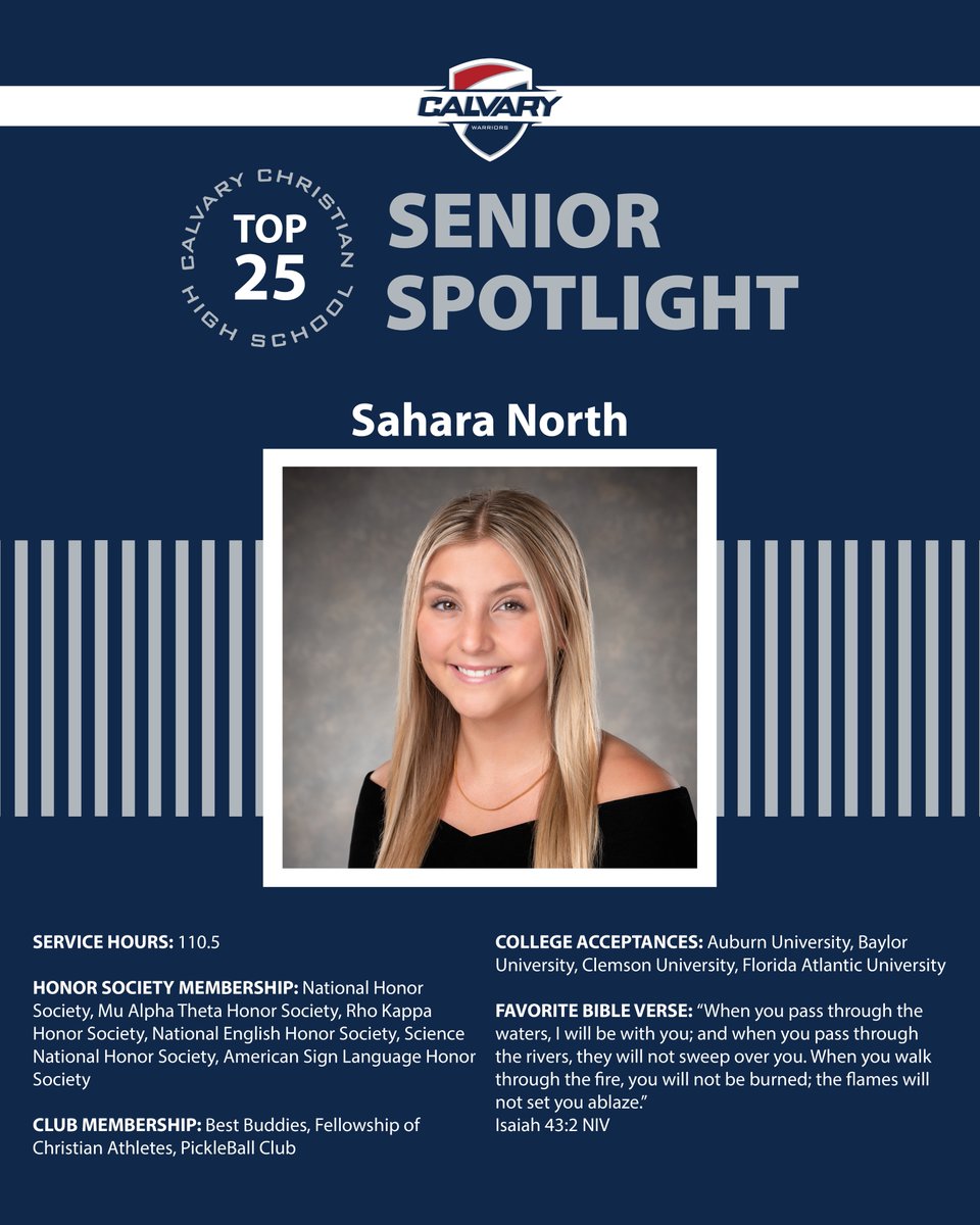 CCHS is pleased to introduce Sahara North, a Top 25 student in the Class of 2024. Sahara is the daughter of Timothy and Heather North. She came to CCHS from Indian Rocks Christian School. Congratulations, Sahara! We are proud of you. #WeAreWarriors
