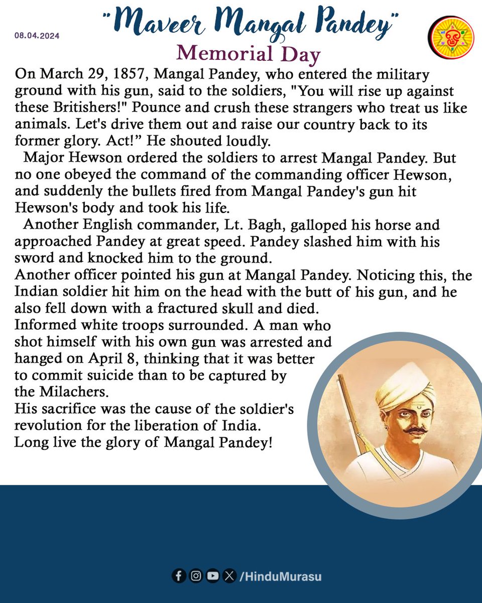 Hero Mangal Pandey

Memorial Day

#Maveerarmangalpande
#MemorialDay
#mangalpande
#CommanderLieutenantBach
#freedomfighter
#majorhusen