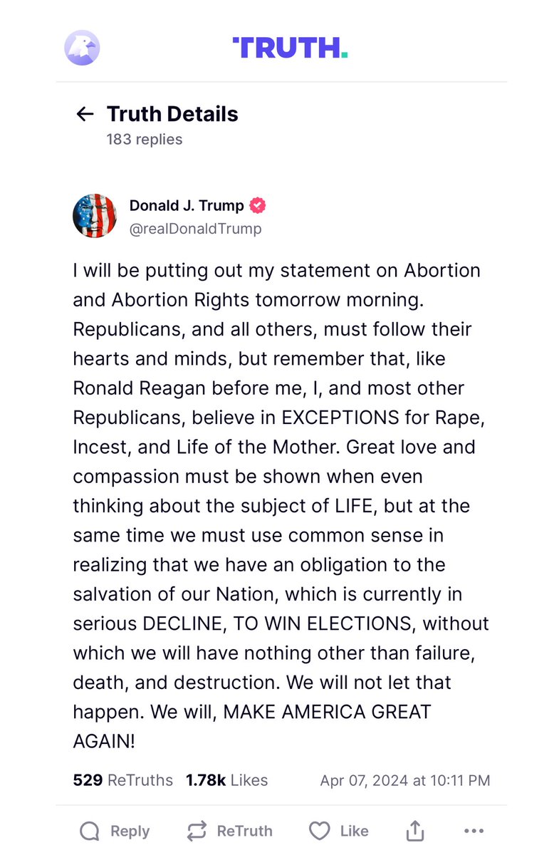 Trump says an abortion rights announcement is coming tomorrow: “we must use common sense in realizing that we have an obligation to the salvation of our Nation, which is currently in serious DECLINE, TO WIN ELECTIONS, without which we will have nothing other than failure”