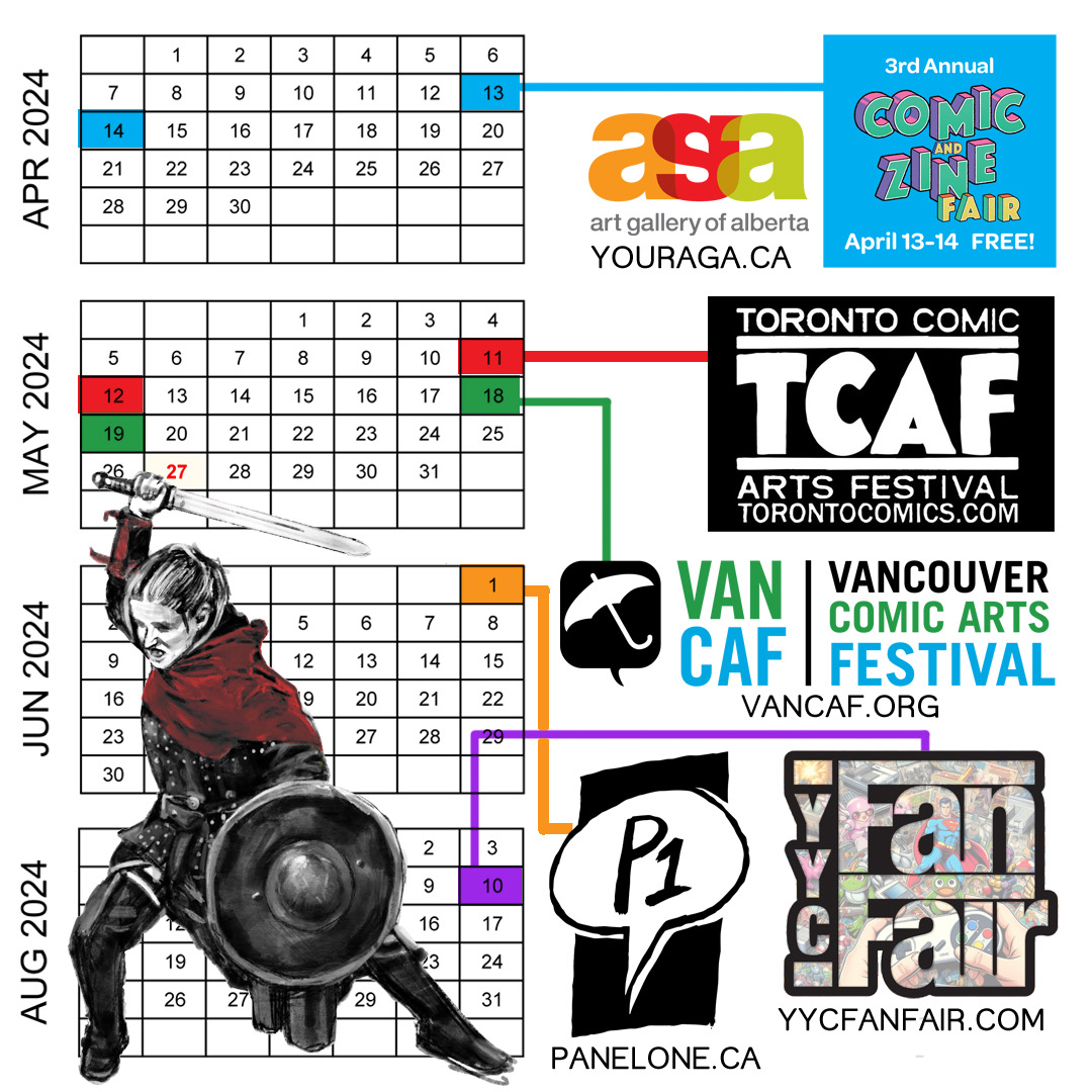 2024 Show Table Sched! See you in Edmonton next weekend! @youraga @torontocomics @vancouvercomics @panel_one #yyccomics #yycarts #tcaf2024 #vancaf2024 #canadiancomics #indiecomics