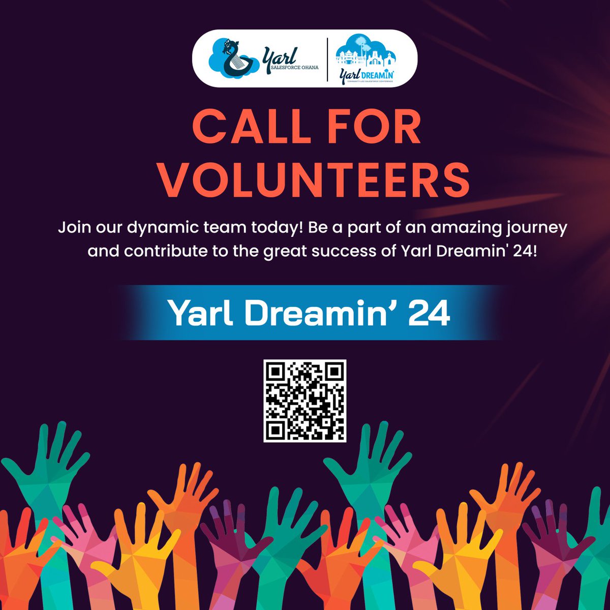 𝑱𝒐𝒊𝒏 𝒐𝒖𝒓 𝒕𝒆𝒂𝒎❗
Volunteer with us at Yarl Dreamin'24 and help make the event unforgettable.
𝐒𝐢𝐠𝐧 𝐮𝐩 𝐡𝐞𝐫𝐞: forms.gle/BGaVUs4sSPX9NA…
𝐀𝐩𝐩𝐥𝐢𝐜𝐚𝐭𝐢𝐨𝐧 𝐃𝐞𝐚𝐝𝐥𝐢𝐧𝐞 - 𝟏𝟓/𝟎𝟒/𝟐𝟎𝟐𝟒
#Salesforce #CloudComputing #YarlSFO #YarlDreamin24 #Conference