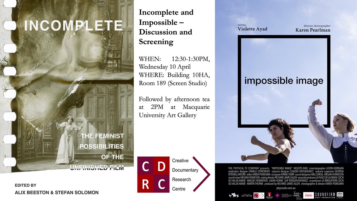 Incomplete, impossible – join me, @StefanSolomon7, and @karen_pearlman this Wed 10 April, 12.30–1.30pm, at @MediaCommsMQ @Macquarie_Uni in Sydney for a screening and discussion celebrating the publication of Incomplete (@ucpress)! All welcome, afternoon tea to follow, pls share!!