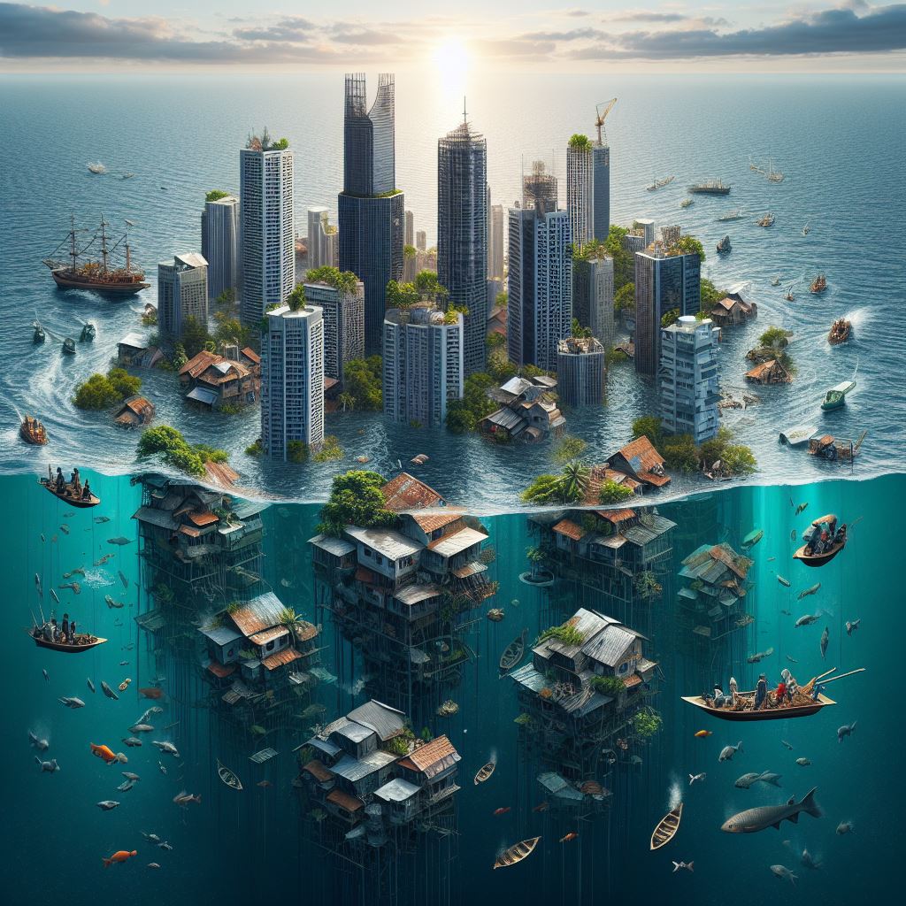 Prompt : the rich on the top are safe from sea level rise. the poor and the vulnerable are sunk into water. 
#BingCreator #SeaLevel #GlobalWarming
#Sustainability 
There are people who can't avoid the climate crisis.