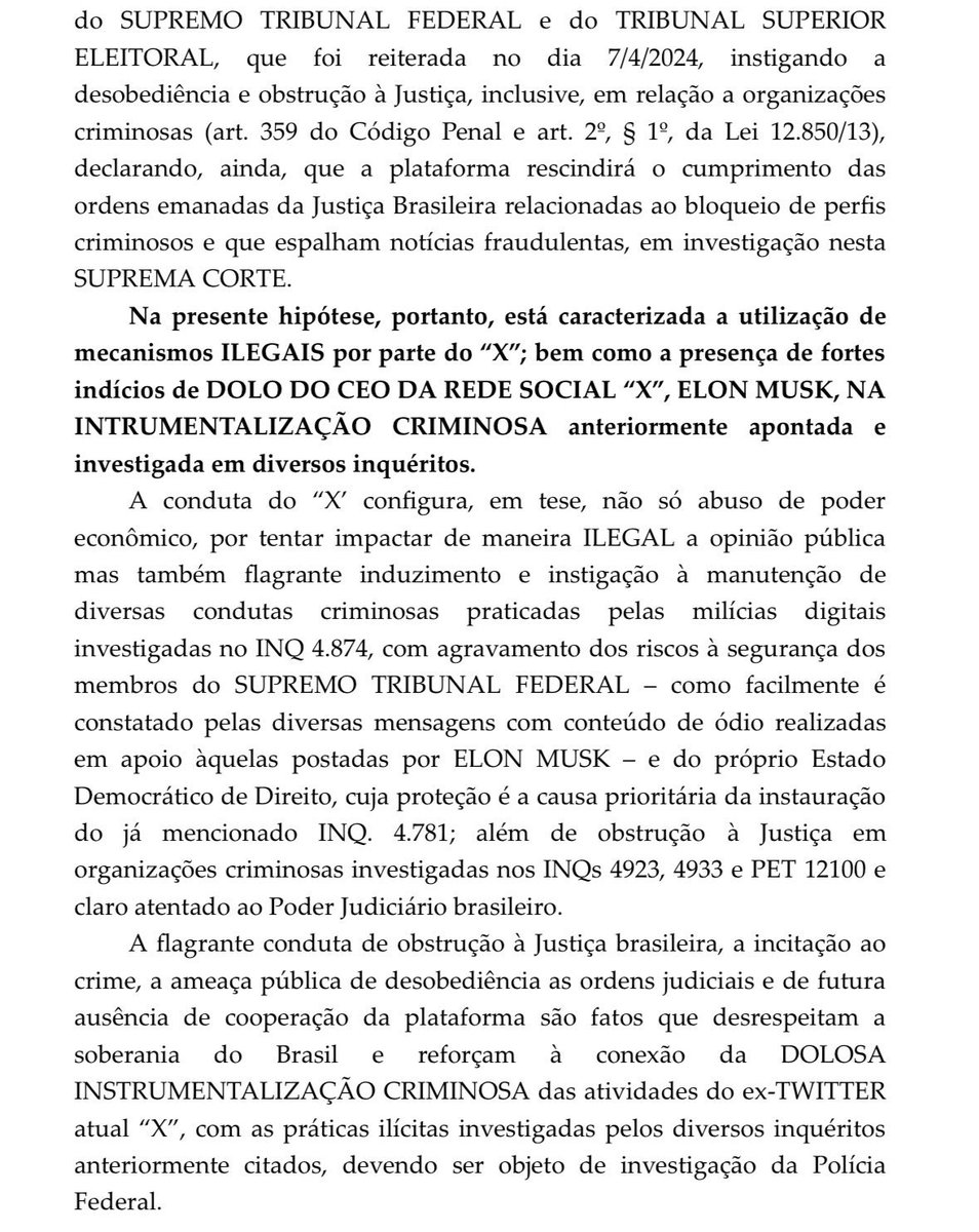 URGENTE: Ministro Alexandre de Moraes inclui Elon Musk (CEO do X ‘Twitter’) como investigado no inquérito das milícias digitais.

O Brasil não é a casa da mãe Joana.