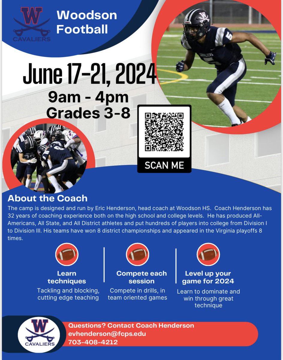 Woodson Youth Football Camp! Grades 3-8. June 17-June 21! Sign up today!!