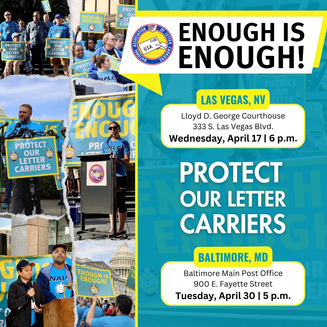 Letter carriers are rallying at two locations over the next month: Las Vegas, NV on April 17 and Baltimore, MD on April 30. If you are in the area, please join us as we continue to demand action to protect our letter carriers and make our unified message clear: #EnoughIsEnough