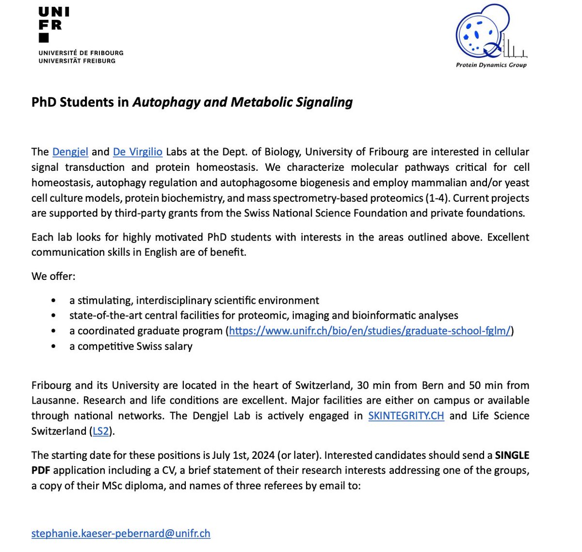MurielMariDK's tweet photo. 🔬 Exciting PhD Opportunity! Join Prof. Joern Dengjel's lab in Autophagy &amp; Metabolic Signaling. Excellent lab, amazing science, cutting-edge techniques. Apply now! #PhD #Science #Research 🎓 https://t.co/ro7hOmOOps