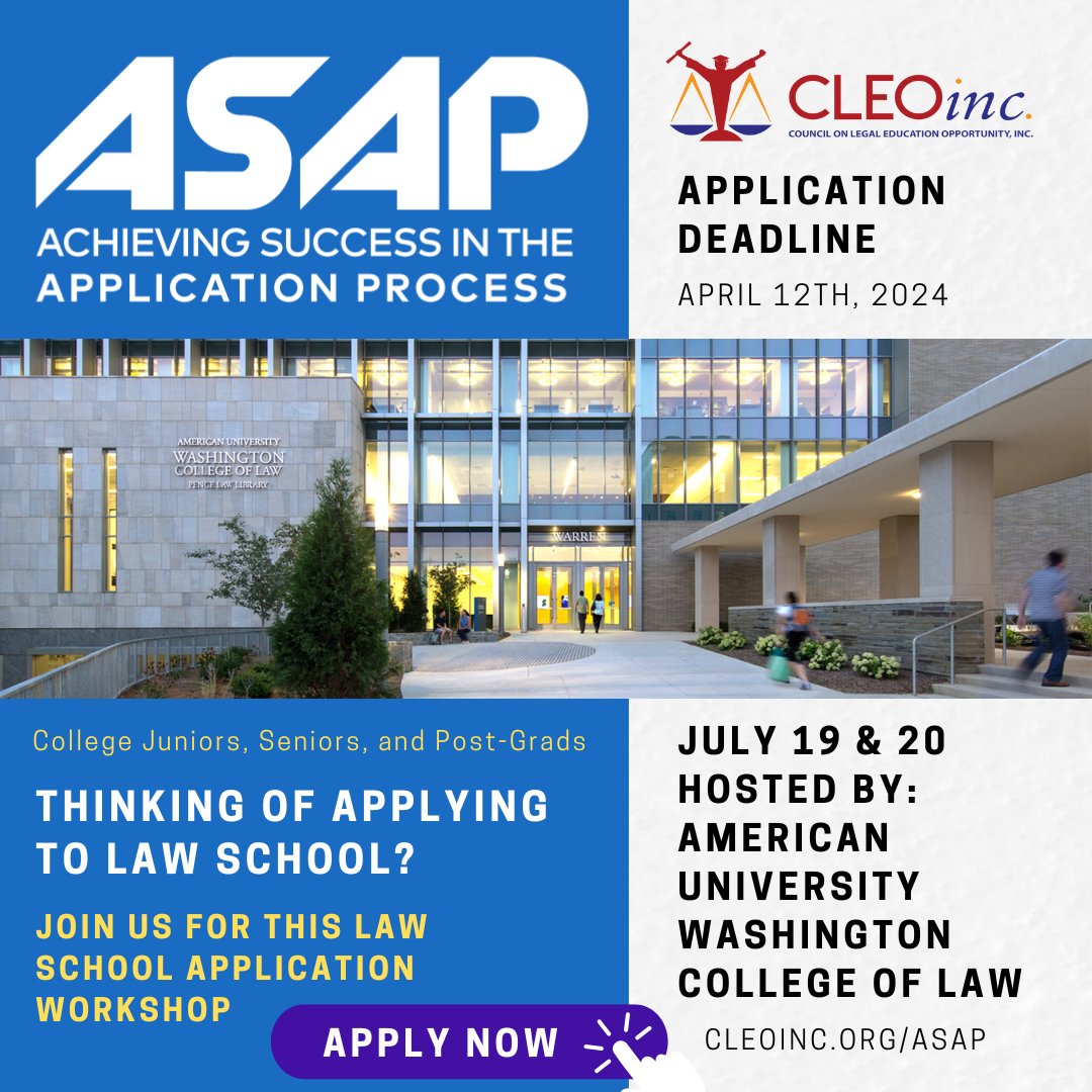 cleoscholars's tweet photo. Pre-Law college students (Juniors, Seniors, &amp; Post Grads) in the Washington DMV area are invited to join us for CLEO’s 2-day workshop that will equip you with the insider knowledge and powerful tools you need to ace the law school application process. https://t.co/FEuA5Uraru https://t.co/027iK5XmKD