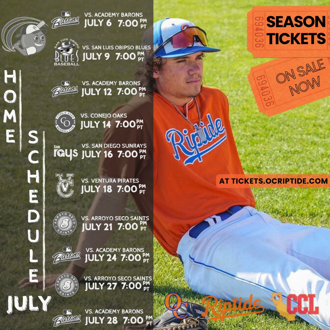 🟠🔵Season tickets are available NOW! Guarantee your seat for thrilling games, see all the action and support the Riptide from the stands. Let’s make this season unforgettable! Found at: tickets.ocriptide.com #YourGreatPark #OCRiptide #SummerBall #californiacollegiateleague