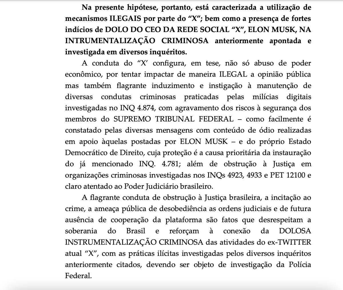 eixopolitico's tweet photo. 🇧🇷 URGENTE: Em sua decisão, Moraes destaca que as ações de Elon Musk configuram “flagrante conduta de obstrução à Justiça brasileira, incitação ao crime, ameaça pública de desobediência as ordens judiciais e de futura ausência de cooperação da plataforma”.

Segundo o ministro, estas posturas do bilionário “desrespeitam a soberania do Brasil e reforçam à conexão da DOLOSA INSTRUMENTALIZAÇÃO CRIMINOSA das atividades do ex-TWITTER atual X, com as práticas ilícitas investigadas pelos diversos inquéritos”.