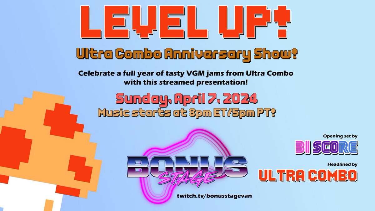 WE'RE LIVE with Ultra Combo's one year anniversary. Tune in for some smooth VGM jams, with Bi Score opening. twitch.tv/BonusStageVan