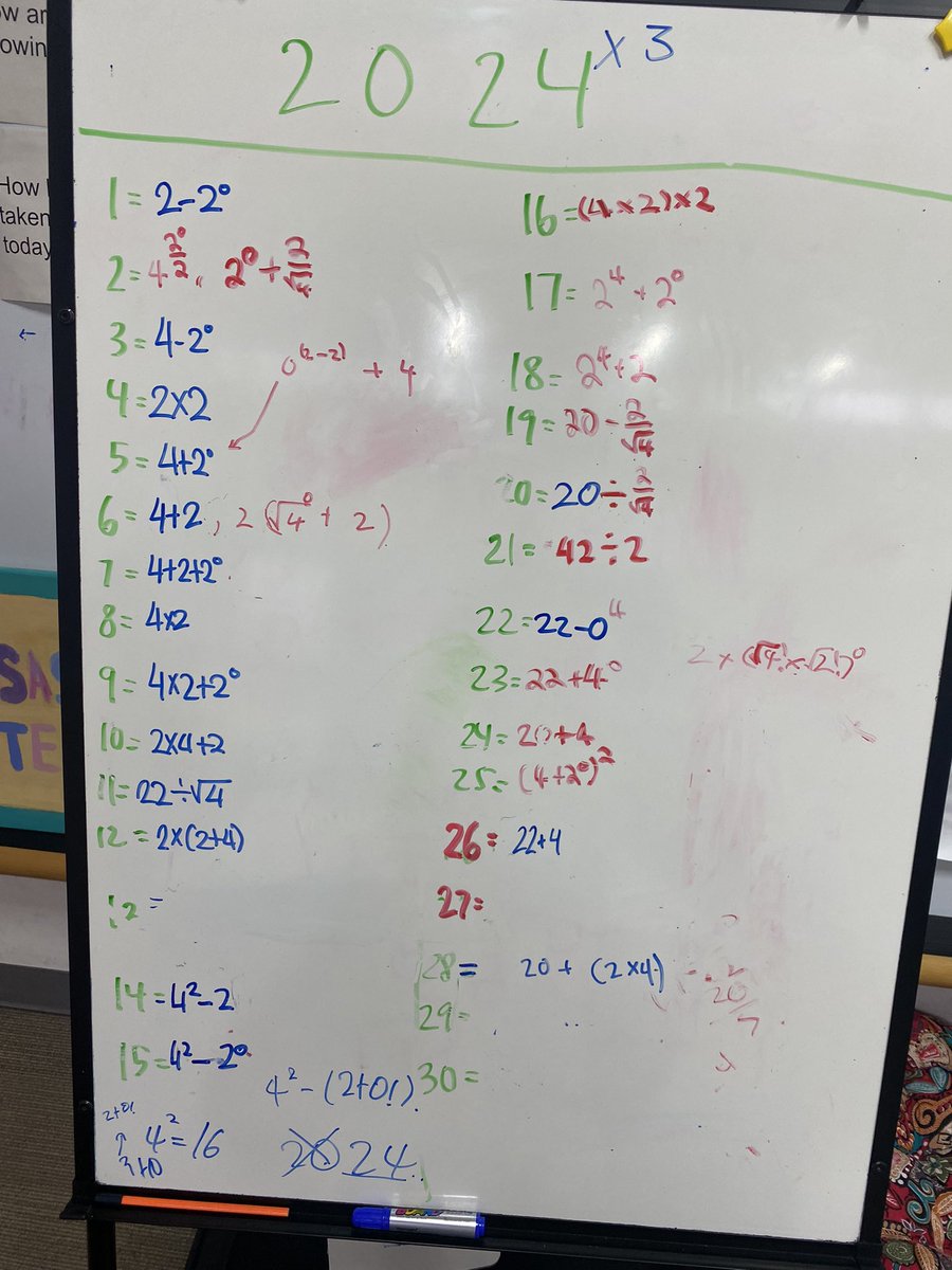 savdickson17's tweet image. Challenging students to show self management skills of resilience as we’ve worked to figure out this puzzle. Writing an expression for every number 1-30 using only the numbers in 2024. Almost there! 29 is proving difficult. #pypchat #pypmath