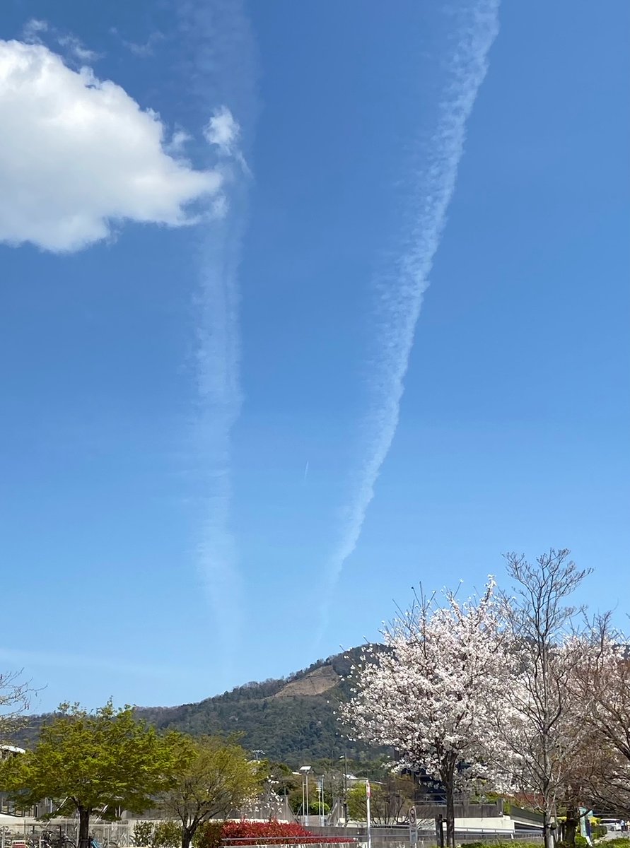MyAngelLabo's tweet photo. The #Sakura trees were in full bloom in #Kyoto. Beautiful contrails over Higashiyama #Daimonji, view from Kyoto Univ. Hosp. Apr. 7, 2024 https://t.co/6xSXHBdzQP