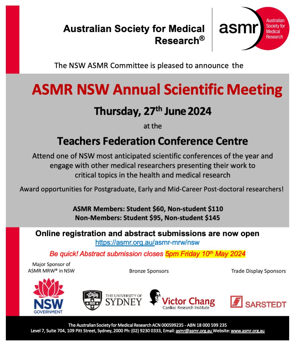 📢 Attention students & EMCR's! Registration and abstracts are open for the NSW ASM. Apply now to be in the running for awards and prizes. 📅 27th June 2024 🏢 Teachers Federation Conference Centre Abstracts close: 5pm Friday 10th May Register asmr.org.au/asmr-mrw/nsw