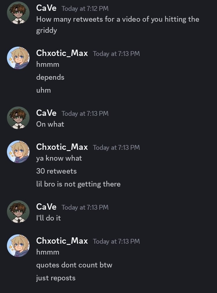 CaVe2__'s tweet photo. Guys! @Chxotic_Max will hit the griddy for 30 retweets. You know what to do https://t.co/ceN1s1s1xI