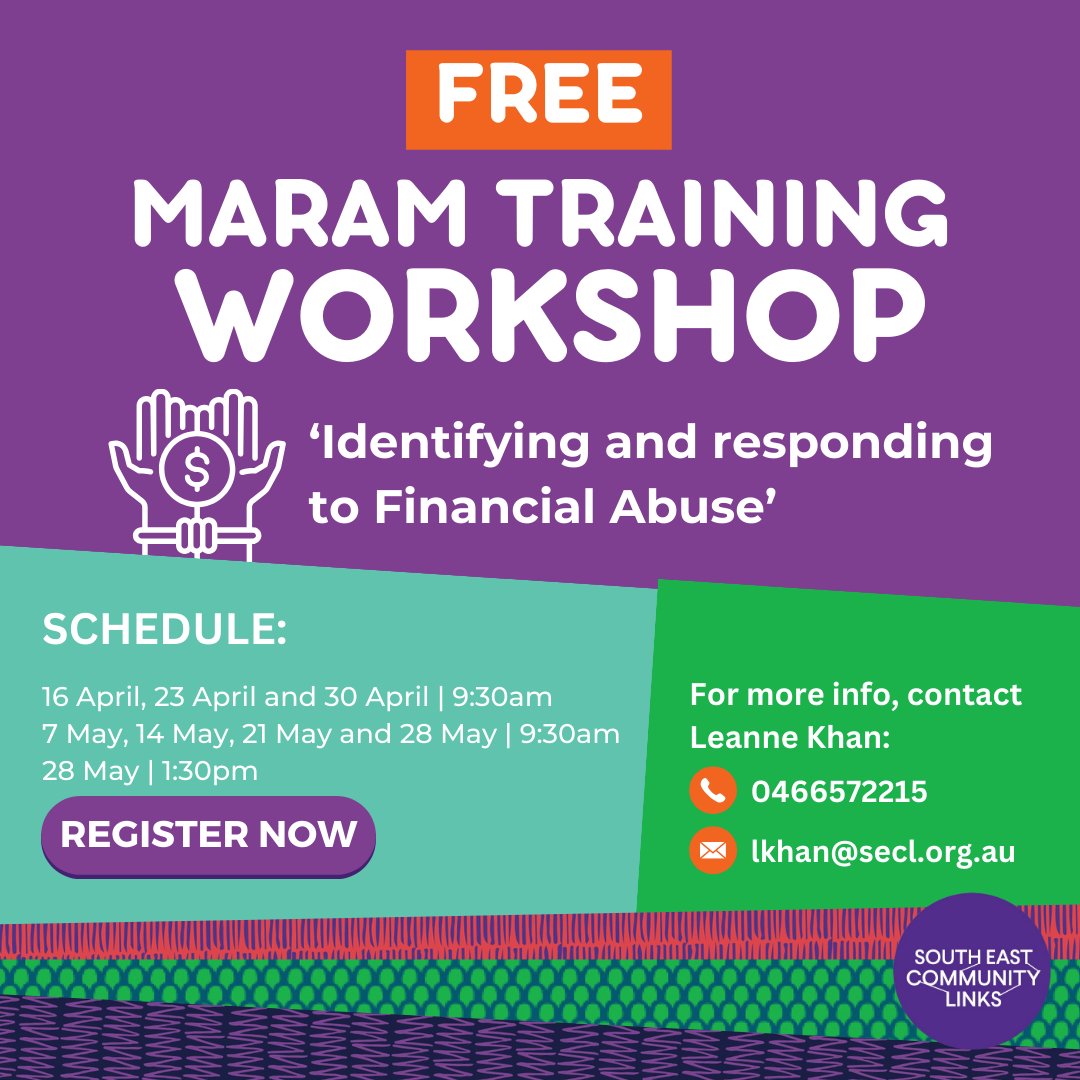 SECL is thrilled to offer a Free MARAM Training Workshop. This workshop is specifically designed to help @VicGovDFFH frontline workers recognise and address #financialabuse within the broader framework of #familyviolence. 🔗Register now: form.jotform.com/232541092903855