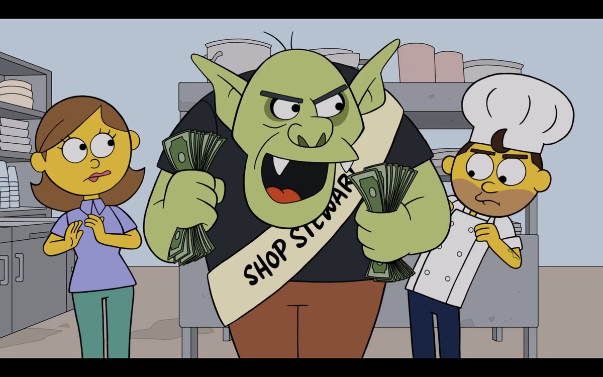 We at @TheSimpsons love to go over the top when we satirize stuff, but this anti-union video is pretty much exactly what they’re like. The look of ours was inspired by a very specific company’s. Any guesses?