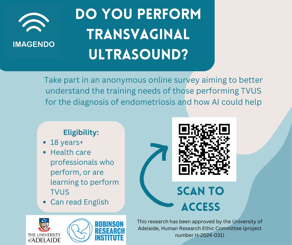 Thank you to everyone who has taken our survey on #ultrasound training for #endometriosis diagnosis! There is still time to participate ✨ Open to: - 👩‍⚕️ Anyone performing/ learning to perform eTVUS - 🌍 Worldwide participants Pls complete & RT adelaideuniwide.qualtrics.com/jfe/form/SV_7V…