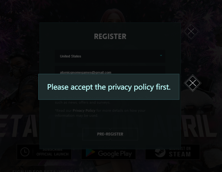 macdoogal42's tweet photo. @OnceHuman_ Here ya go, fully registered and wishlisted on Steam. Quick point of feedback though: I'm not an expert, but signing up for a newsletter should not be listed as a "privacy policy." https://t.co/ZAS04MqLoB