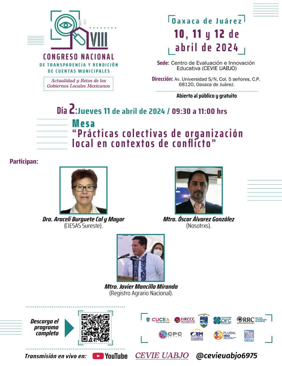 CPCOaxaca's tweet photo. Del 10 al 12 de abril te invitamos a seguir las actividades del VIII Congreso Nacional de Transparencia y Rendición de Cuentas Municipales, que tendrá como sede la ciudad de Oaxaca. 

Las actividades podrán seguirse en el canal: https://t.co/mGbUVkNpCh https://t.co/2p44VWn0Qq