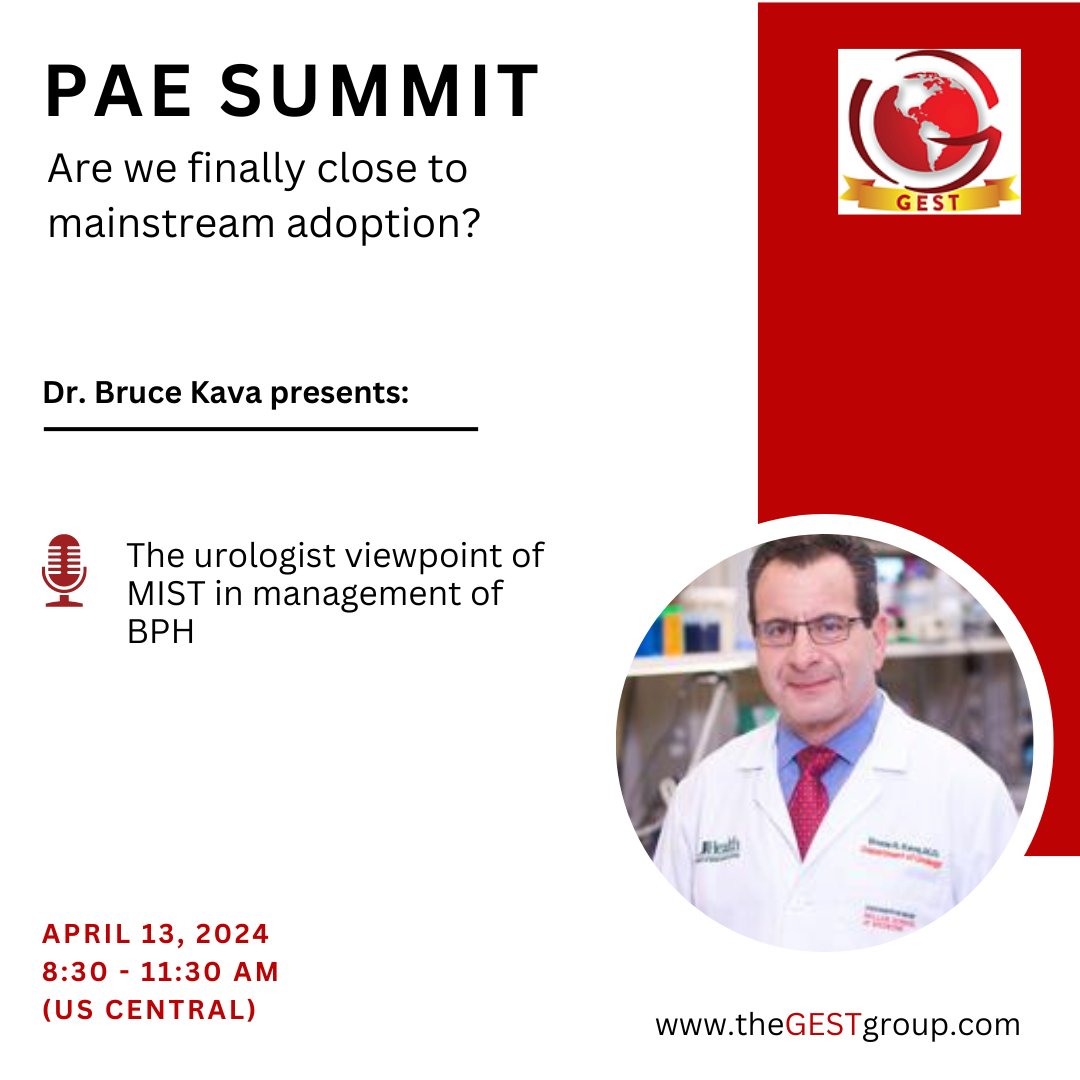 GEST -Global Embolization Symposium & Technologies (@thegestgroup) on Twitter photo Next week during the PAE summit, we'll get both the IR and urologist perspective on PAE and other MIST in managing BPH. Join Dr. <a href="/TimMcClureMD/">Tim McClure</a> and Dr. Bruce Kava to hear both perspectives.
Review the full PAE program and register to attend on April 13, 2024. Next week during the PAE summit, we'll get both the IR and urologist perspective on PAE and other MIST in managing BPH. Join Dr. <a href="/TimMcClureMD/">Tim McClure</a> and Dr. Bruce Kava to hear both perspectives.
Review the full PAE program and register to attend on April 13, 2024.