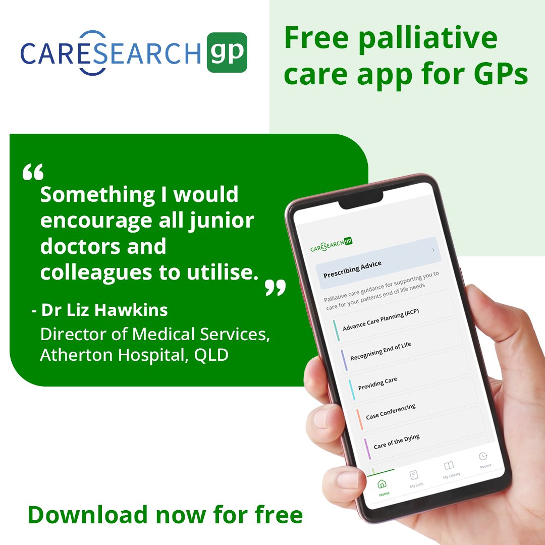 CareSearchgp App – free palliative care app designed with the help of #GPs for #GPs. Providing evidence-based guidance on terminal prescribing and information on key #care issues. Available to download for free on your device: ow.ly/Cl5I50R8XyJ #PalliativeCare #GPresource
