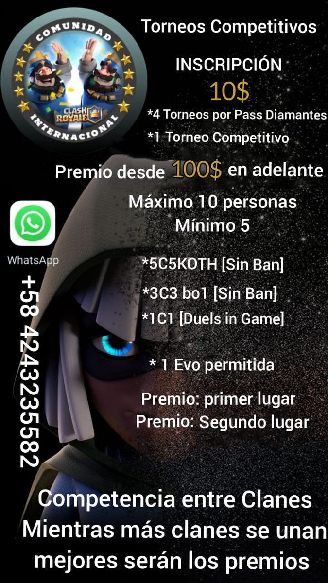 ✌🏻HOLA muchachos, vengo a ofrecer una oportunidad ÚNICA para sus clanes, tenemos una comunidad donde hacemos torneos entre nosotros con el objetivo de mantener nuestros clanes activos y competitivos por increíbles premios 💰‼️INSCRIPCIONES DISPONIBLES POR TIEMPO LIMITADO‼️ DM📩