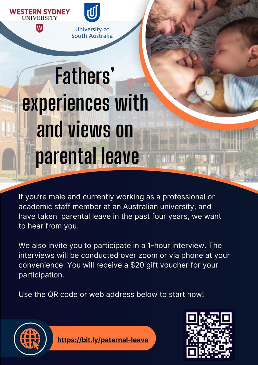 If you're a father working in an Australian university (either an academic or professional staff member) we want to hear from you about your experiences with and views on parental leave. Please see our study details below: