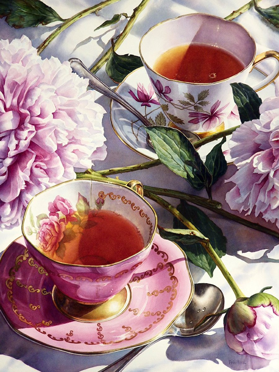 © Lana Privitera.
'Tea for Two.'
Watercolour on paper, 29' x 21'.