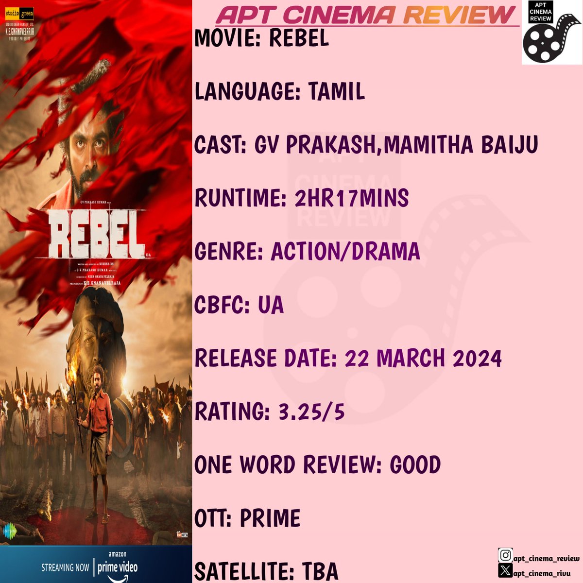 𝗔𝗣𝗧 𝗖𝗶𝗻𝗲𝗺𝗮 𝗥𝗲𝘃𝗶𝗲𝘄:

🎞️ #Rebel - 3.25/5
🗣️ Tamil
🌟 #GVPrakashKumar #MamithaBaiju
💿 Prime 
📡 TBA 
📝 Good👍

Cast: Good
Story: Good
Screenplay: Okay 
Music&BGM: Good 
🎥: Good
1st Half: Okay 
2nd Half: Good 
Overall: Good👍

#RebelReview #ரெபல் #RebelOnPrime