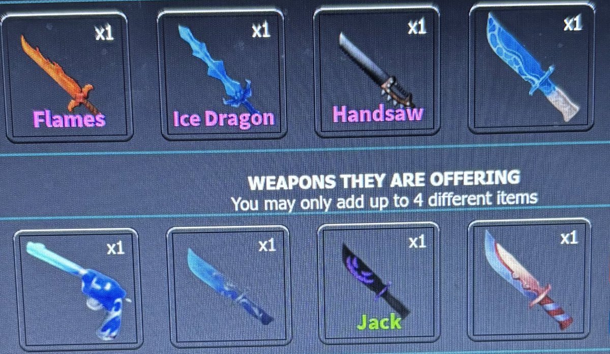 trading robux through gamepass for these weapons

ngf(200+ proofs pinned)

limit:1.4K, getting 1.7K more in 2 days

more in thread

#mm2 #mm2trades #mm2trading #mm2tradings #murdermystery2 #roblox #robux #royalehigh #mm2trade #adoptmetrades #adoptme