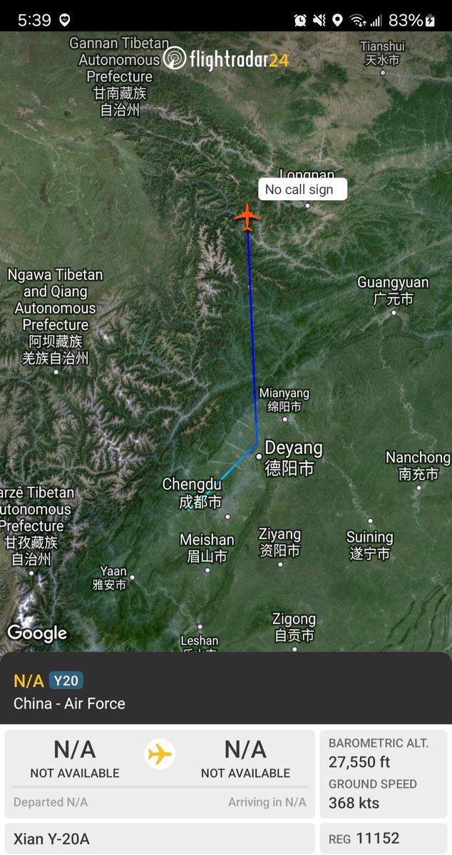 China: 

PLAAF Xi'an Kunpeng Y-20A reg. 11152 #7A425D tracking north from Qionglai Air Base near Chengdu. Base is under the Western Theater Command. The Y-20s at this base are with the 12th Transport Regiment.