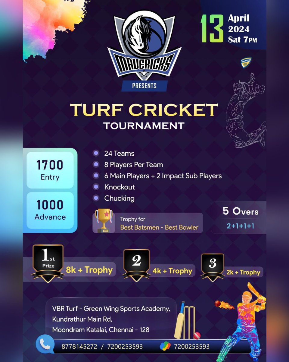 Mauericks presents Turf #Cricket Tournament. The #tournament to be held on 13th April 2024. Held at VBR Turf, Kundrathur, #Chennai. @tournaments_360 @Cricketinindia