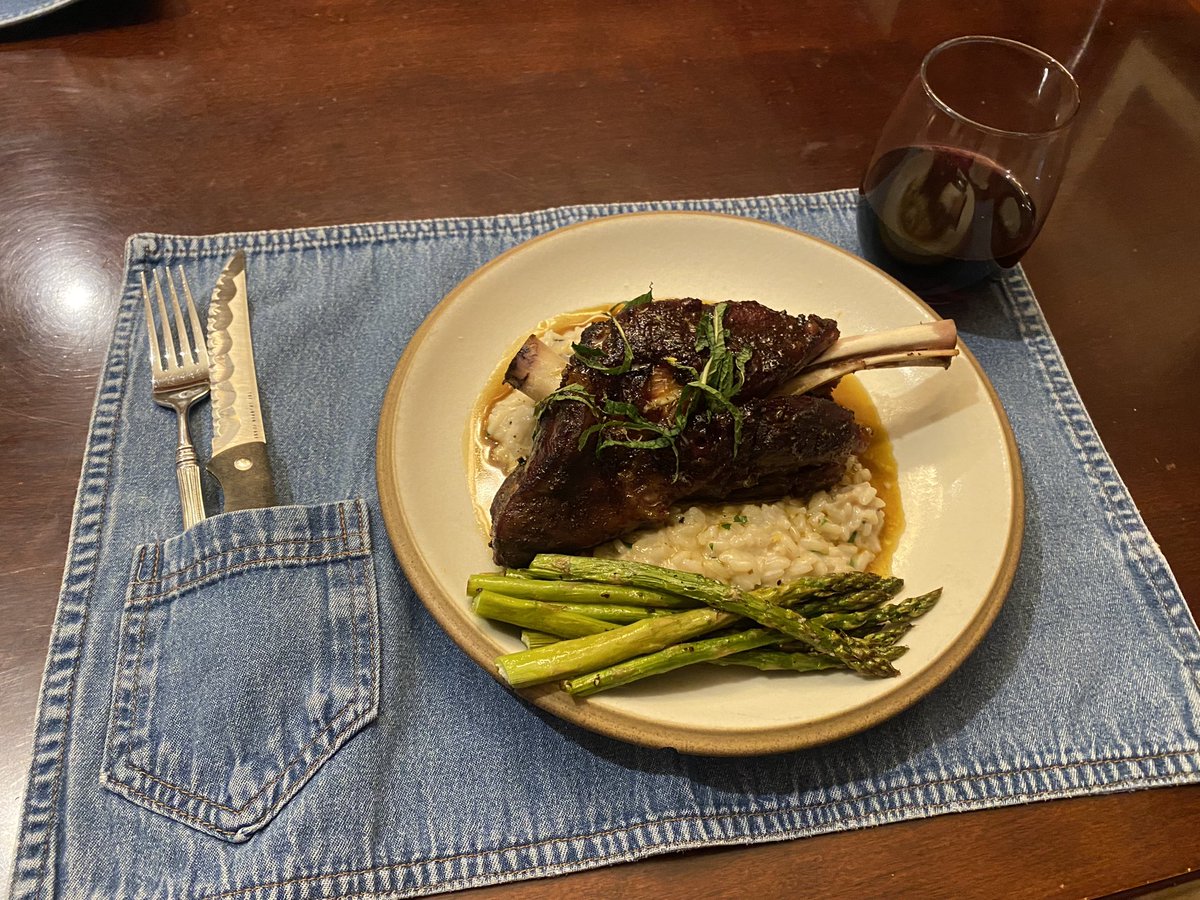 smoked lamb shank over mushroom lemon risotto w/ asparagus featuring my moms jablecloths