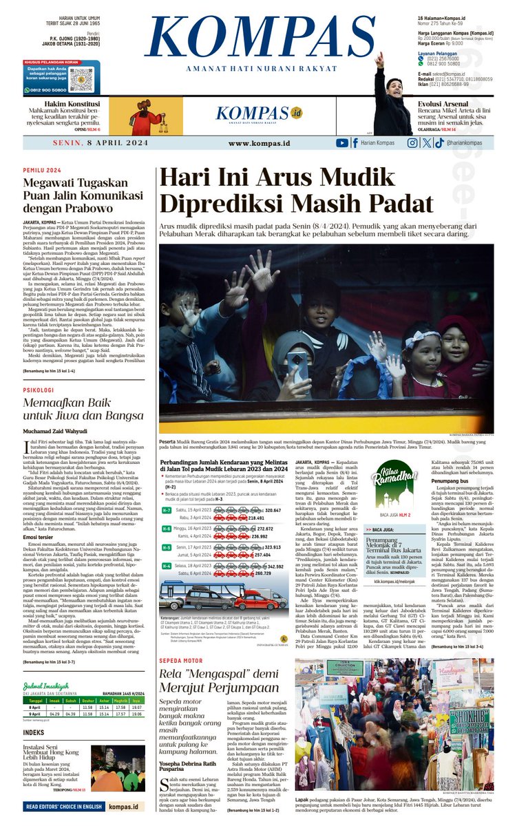 Selamat pagi Sahabat Kompas. Hari ini (8/4) arus mudik diprediksi masih padat. Pemudik yang akan menyeberang dari Pelabuhan Merak diharapkan membeli tiket daring sebelum berangkat. Baca lengkapnya di harian Kompas (Kompas.id).

kompas.id/baca/nusantara…

#AdadiKompas