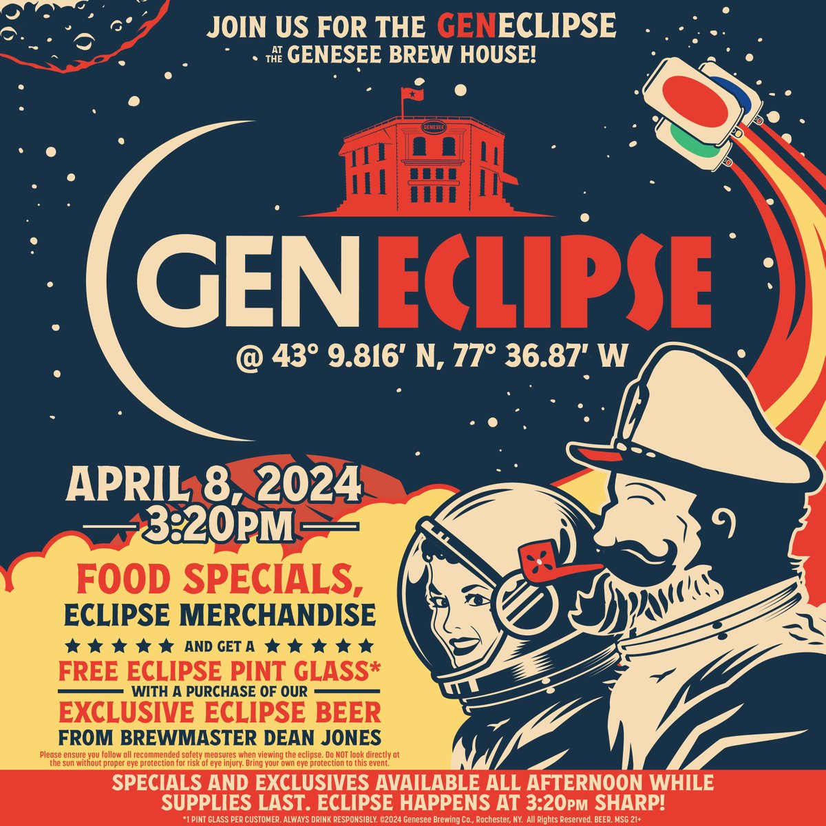 Join us TOMORROW afternoon at the Brew House for the GENeclipse! Food specials, a new eclipse beer from Dean Jones, live music, and more! The eclipse starts at 3:20, so plan ahead. See you there 😎