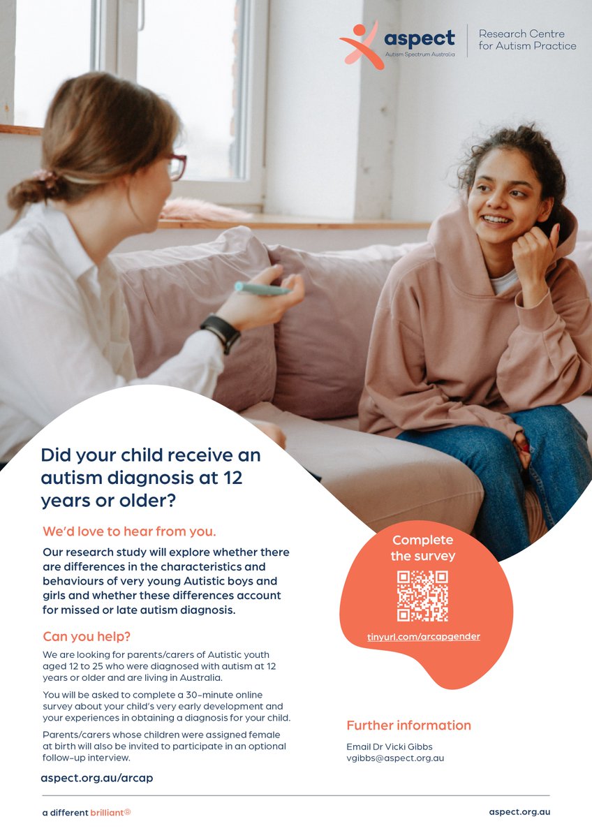 We want to know if gender differences play a role in delaying autism diagnoses. If you are a parent of an Autistic youth (aged 12 to 25) who was diagnosed with autism at 12 years or older and you are living in Australia, please complete our 30-min survey tinyurl.com/arcapgender
