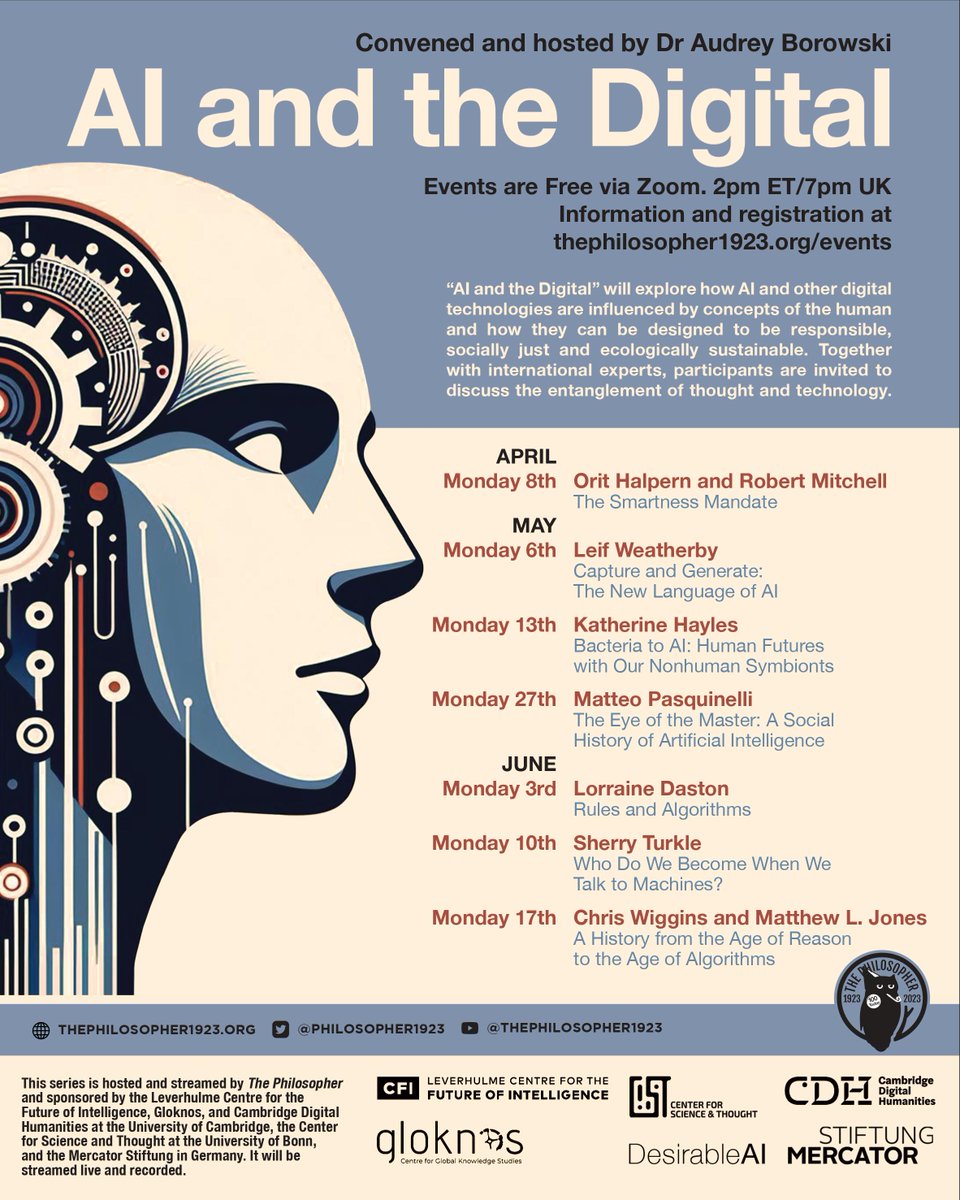 Today @ 2pm ET/7pm UK 'The Smartness Mandate': Orit Halpern & Robert Mitchell w/ Audrey Borowski Opening event in the 'AI and the Digital' series! Free and all welcome. Register: bit.ly/48VmsRi Pls RT @LeverhulmeCFI, @MPIWG, @EthicsInAI, @ShannonVallor