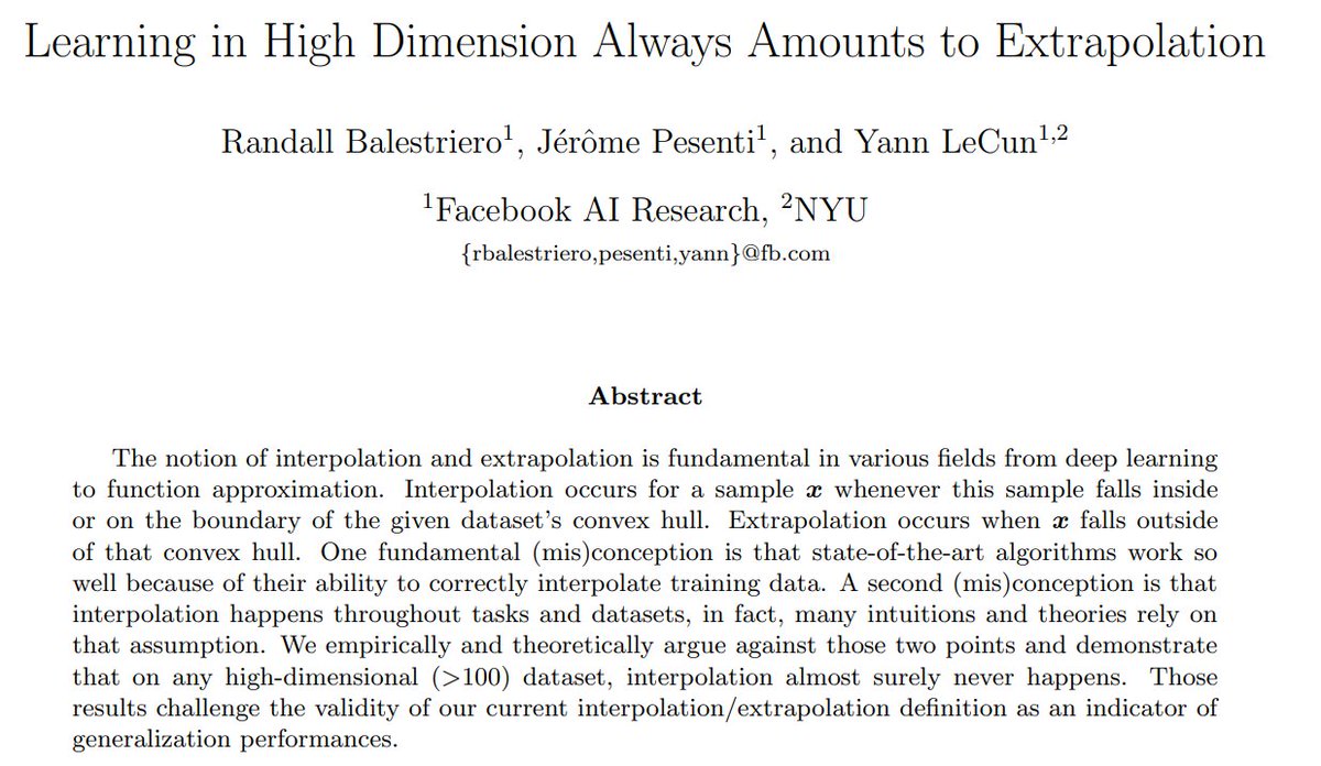Cool paper We have an intuition that 'extrapolation' is less reliable than 'interpolation', which we might define as, 'if it's inside (in the convex hull of) my training data, then it's more reliable' Well, 'interpolation' probabilistically never happens in high dimensions