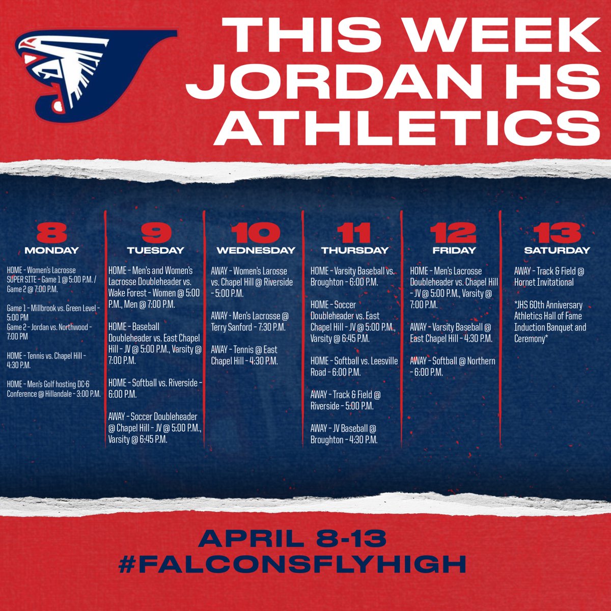 Here are your Falcon @jordanfalcons sporting events for the Week of April 8th:

🎟️Purchase your tickets at gofan.co/app/school/NC4… or via the GoFan App.

🛄 CLEAR BAG POLICY at DPS athletic events. Clear bags for purchase from @jordanhsbooster