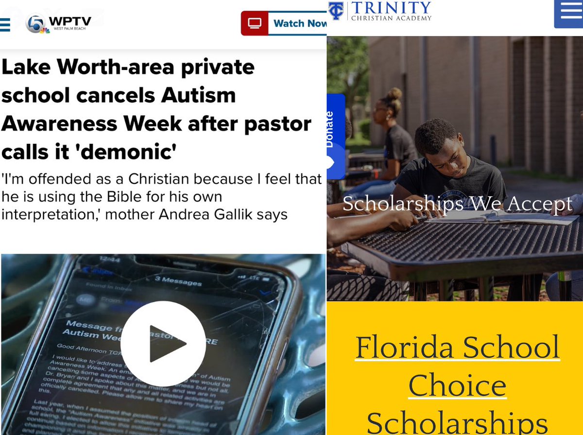 FLORIDA: Trinity Christian Academy, which takes taxpayer-funded private school vouchers, canceled Autism Awareness Week — their pastor called “demonic” 😳 Schools like this will get public school funds via @GovBillLee’s vouchers in Tennessee also. wptv.com/news/palm-beac…
